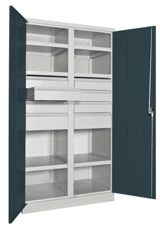 PAVOY Schwerlastschrank Premium mit Trennwand | 6 Fachböden + Schubladen 6x12,5 + 2x17,5 cm | 195 x 104 x 63 | große Farbauswahl