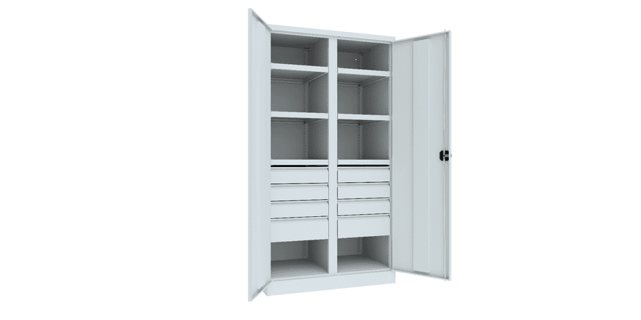 PAVOY Schwerlastschrank Premium mit Trennwand | 6 Fachböden + Schubladen 6x12,5 + 2x17,5 cm | 195 x 104 x 63 | große Farbauswahl