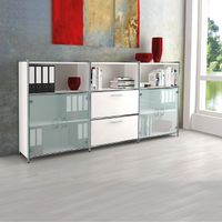 Chromeline halboffene Sideboardkombination 3 / 3 mit Schubladen und Glastüren | 115 x 236 x 38 cm | Anthrazit, Weiß, Rot