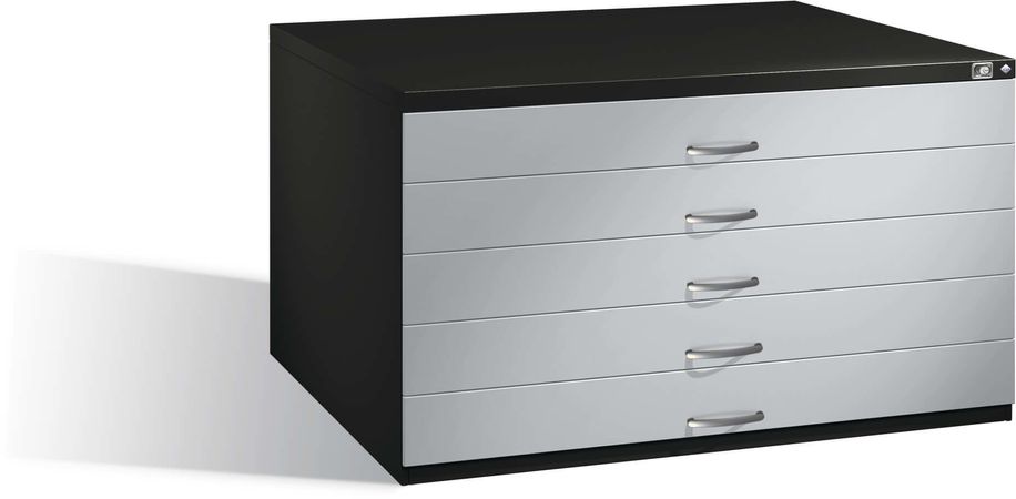 C+P Flachablageschrank 7200 DIN-A0 | Planschrank 5 Schübe mit doppelter Blendenhöhe schwarz-lichgrau