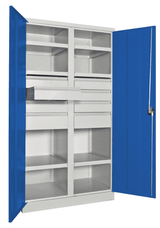 PAVOY Schwerlastschrank Premium mit Trennwand | 6 Fachböden + Schubladen 6x12,5 + 2x17,5 cm | 195 x 104 x 63 | große Farbauswahl