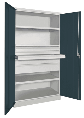 PAVOY Schwerlastschrank Premium mit Flügeltüren | 3 Fachböden + Schubladen 3x7,5 + 1x12,5 + 1x17,5 cm | 195 x 104 x 63 | große Farbauswahl