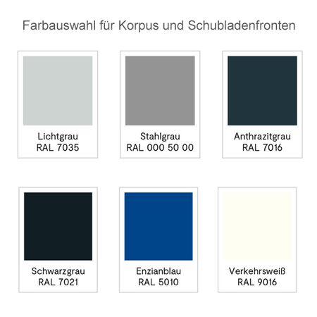 Farbauswahl für Korpus und Schubladenfronten Flachablageschrank Planschrank