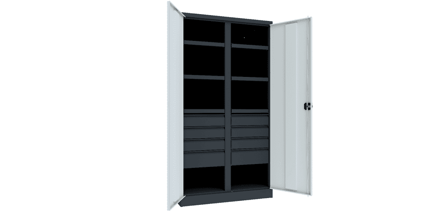 PAVOY Schwerlastschrank Premium mit Trennwand | 6 Fachböden + Schubladen 6x12,5 + 2x17,5 cm | 195 x 104 x 63 | große Farbauswahl