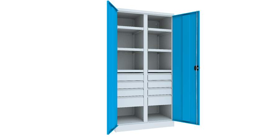 PAVOY Schwerlastschrank Premium mit Trennwand | 6 Fachböden + Schubladen 6x12,5 + 2x17,5 cm | 195 x 104 x 63 | große Farbauswahl